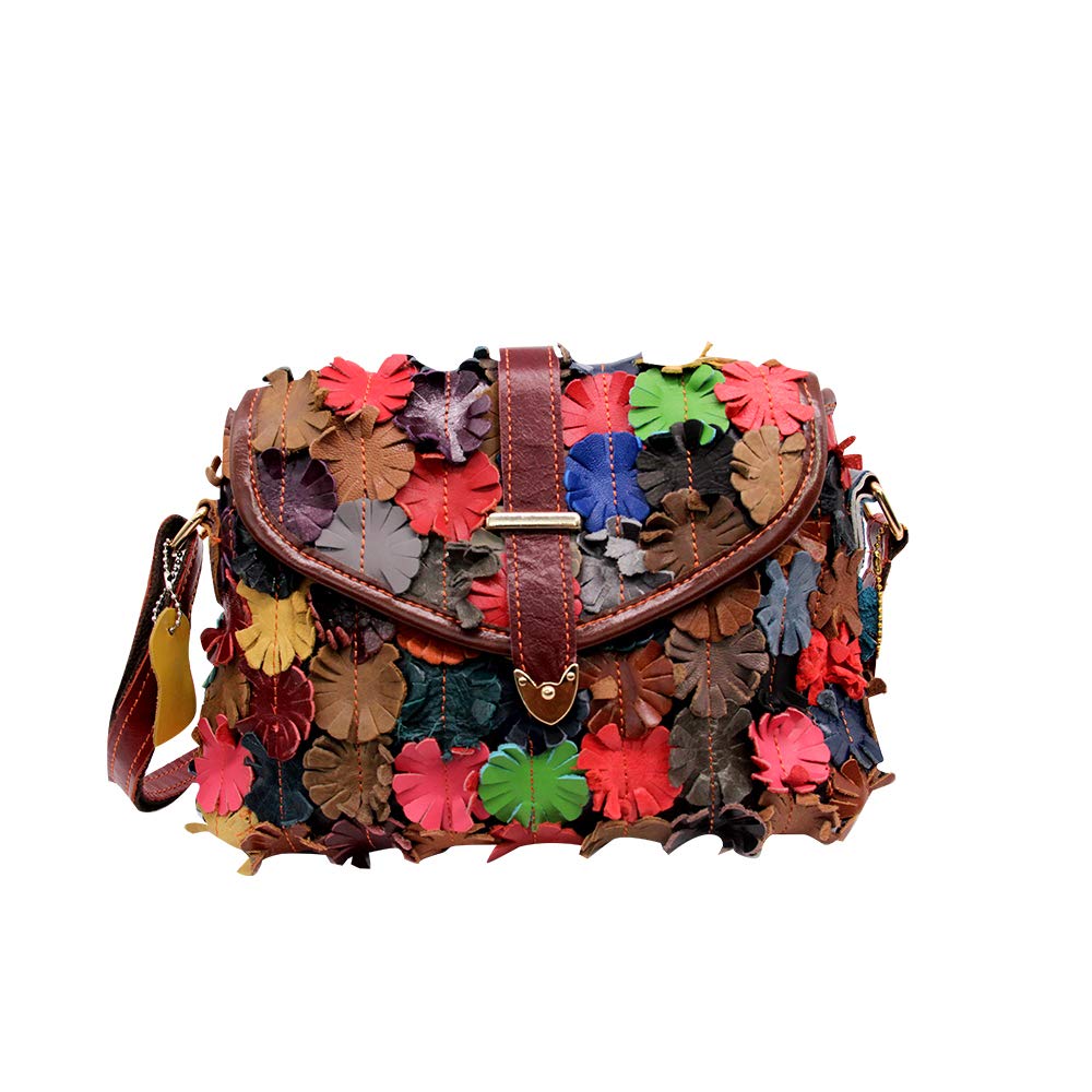 【COLOR iN ID】Flower patch leather shoulder bag Women's Multicolor Floral Shoulder Bag Genuine Leather